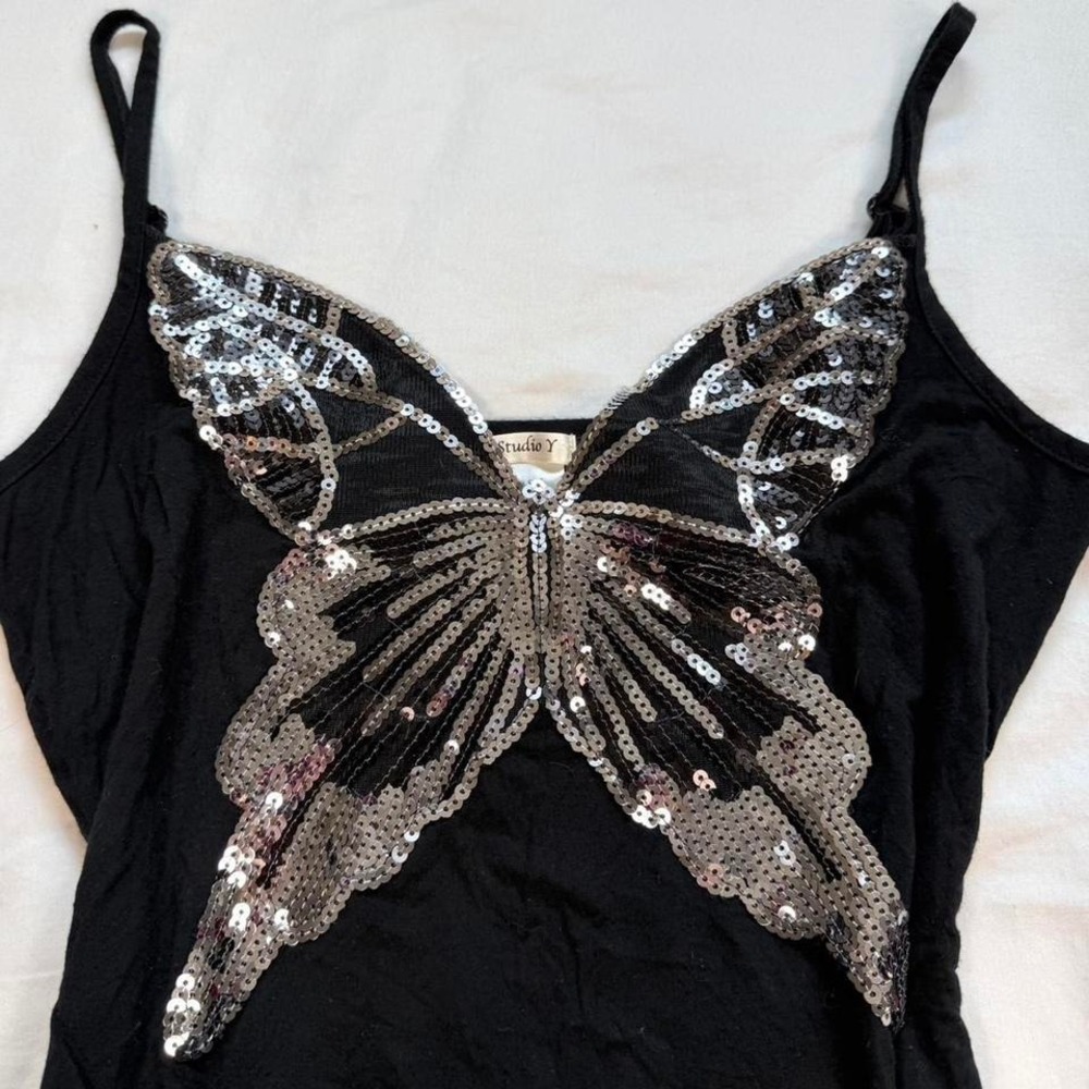 Vintage y2k Studio Y glitter sequin butterfly fairy black tank top - Picture 3 of 5
